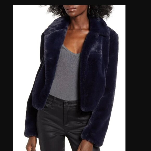 Blank NYC crop faux fur jacket Medium Navy - Picture 1 of 6
